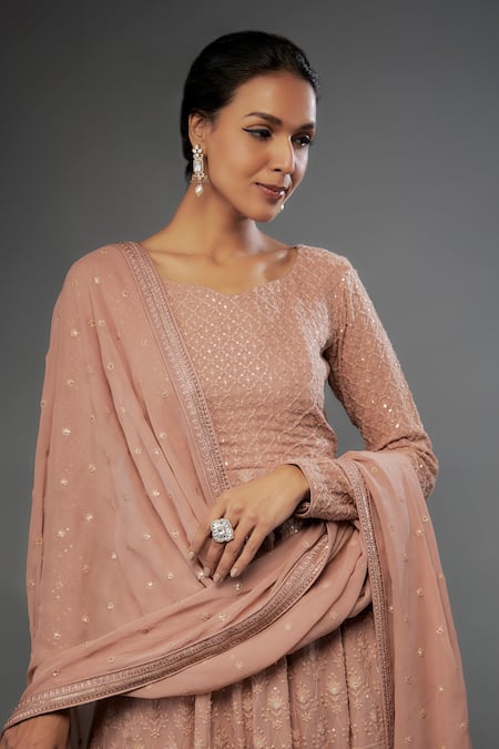 Buy_FATIZ_Peach Georgette, Lycra Embroidery Floral Bloom Chikankari Anarkali Pant Set _Online_at_Aza_Fashions