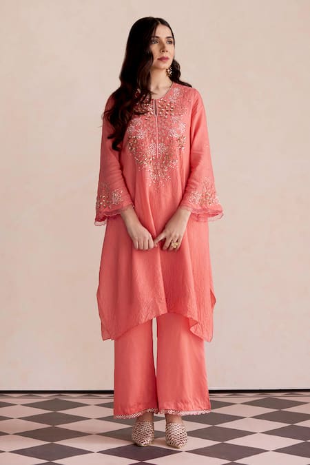 One Not Two Yoke Embroidered Silk Kurta & Pant Set 