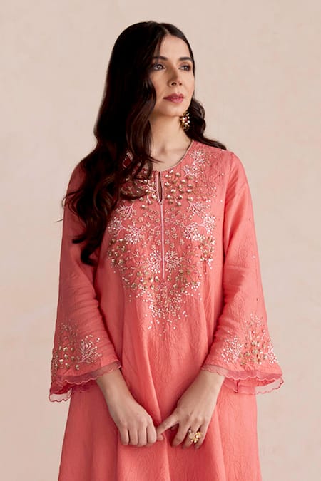 Shop One Not Two Coral Kurta Silk Embroidered Round Yoke And Pant Set at Aza Fashions Shop_One Not Two_Coral Kurta Silk Embroidered Round Yoke And Pant Set _at_Aza_Fashions