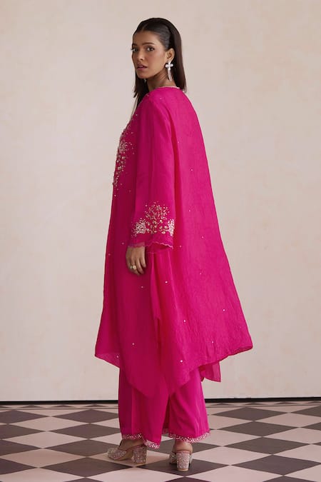 Shop One Not Two Pink Kurta Silk Embroidered Floral Round Yoke And Pant Set at Aza Fashions Shop_One Not Two_Pink Kurta Silk Embroidered Floral Round Yoke And Pant Set _at_Aza_Fashions