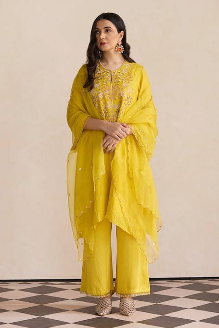 One Not Two Yellow Kurta Silk Embroidered Floral Round Sleeve And Pant Set