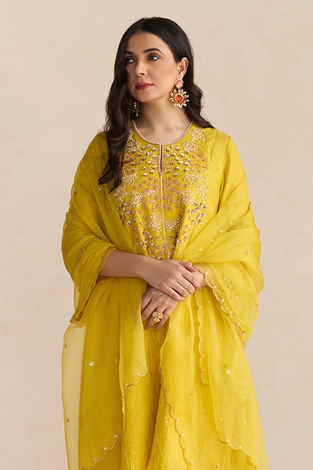 One Not Two_Yellow Kurta Silk Embroidered Floral Round Sleeve And Pant Set _Online_at_Aza_Fashions