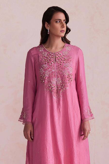 One Not Two_Pink Silk, Satin, Cotton Sequins, Beads Sleeve Embroidered Kurta And Pant Set _Online_at_Aza_Fashions