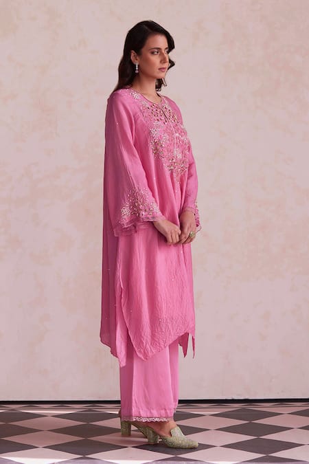 Buy_One Not Two_Pink Silk, Satin, Cotton Sequins, Beads Sleeve Embroidered Kurta And Pant Set _Online_at_Aza_Fashions