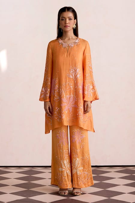 One Not Two Embroidered Silk Kurta & Bell Bottom Pant Set 