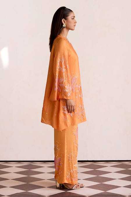 One Not Two_Orange Silk, Cotton, Satin Sequins, Embroidered Kurta And Bell Bottom Pant Set _Online_at_Aza_Fashions