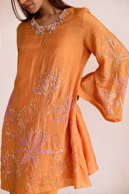 Buy_One Not Two_Orange Silk, Cotton, Satin Sequins, Embroidered Kurta And Bell Bottom Pant Set _Online_at_Aza_Fashions