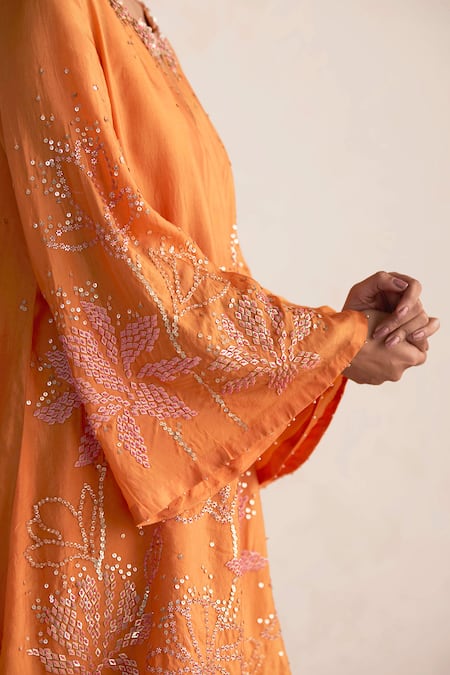 One Not Two_Orange Silk, Cotton, Satin Sequins, Embroidered Kurta And Bell Bottom Pant Set _at_Aza_Fashions