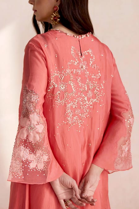 One Not Two_Coral Silk, Cotton Embroidery, Beads Round Neck Kurta And Sharara Set _Online_at_Aza_Fashions
