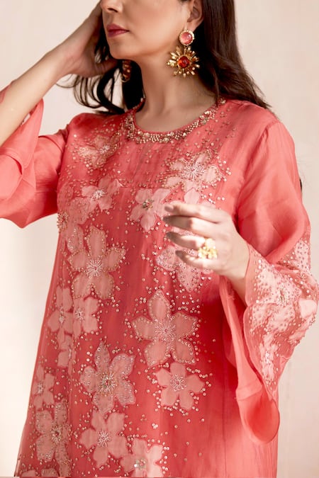 Buy_One Not Two_Coral Silk, Cotton Embroidery, Beads Round Neck Kurta And Sharara Set _Online_at_Aza_Fashions
