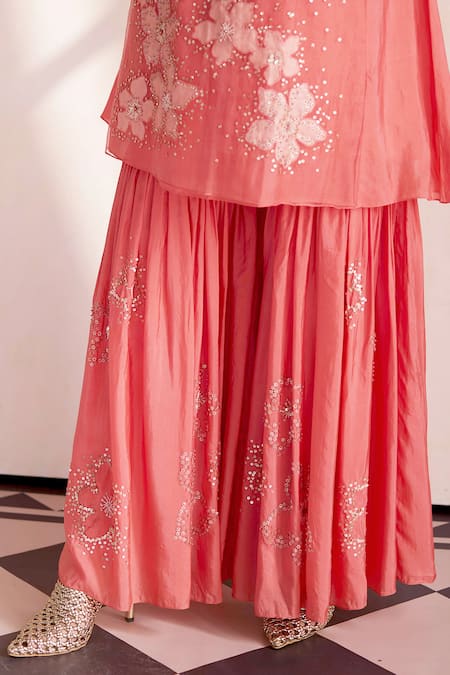 Shop_One Not Two_Coral Silk, Cotton Embroidery, Beads Round Neck Kurta And Sharara Set _Online_at_Aza_Fashions