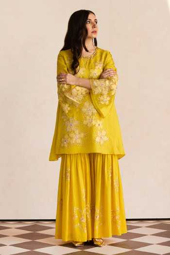 One Not Two Floral Embroidered Silk Kurta & Sharara Set 