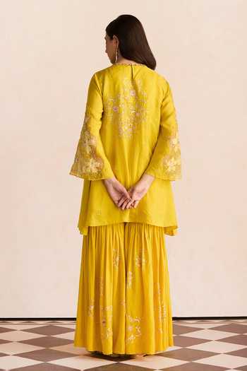 Shop One Not Two Yellow Silk, Cotton Beads, Embroidery Round Neck Floral Kurta And Sharara Set at Aza Fashions Shop_One Not Two_Yellow Silk, Cotton Beads, Embroidery Round Neck Floral Kurta And Sharara Set _at_Aza_Fashions
