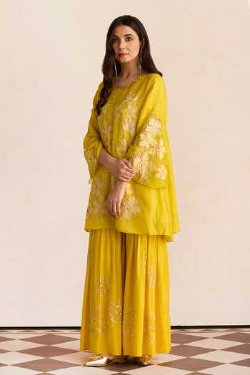 One Not Two Yellow Silk, Cotton Beads, Embroidery Round Neck Floral Kurta And Sharara Set Online at Aza Fashions One Not Two_Yellow Silk, Cotton Beads, Embroidery Round Neck Floral Kurta And Sharara Set _Online_at_Aza_Fashions