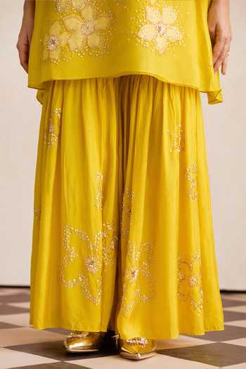 Shop One Not Two Yellow Silk, Cotton Beads, Embroidery Round Neck Floral Kurta And Sharara Set Online at Aza Fashions Shop_One Not Two_Yellow Silk, Cotton Beads, Embroidery Round Neck Floral Kurta And Sharara Set _Online_at_Aza_Fashions