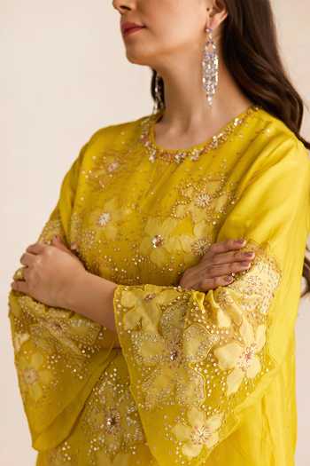 One Not Two Yellow Silk, Cotton Beads, Embroidery Round Neck Floral Kurta And Sharara Set at Aza Fashions One Not Two_Yellow Silk, Cotton Beads, Embroidery Round Neck Floral Kurta And Sharara Set _at_Aza_Fashions