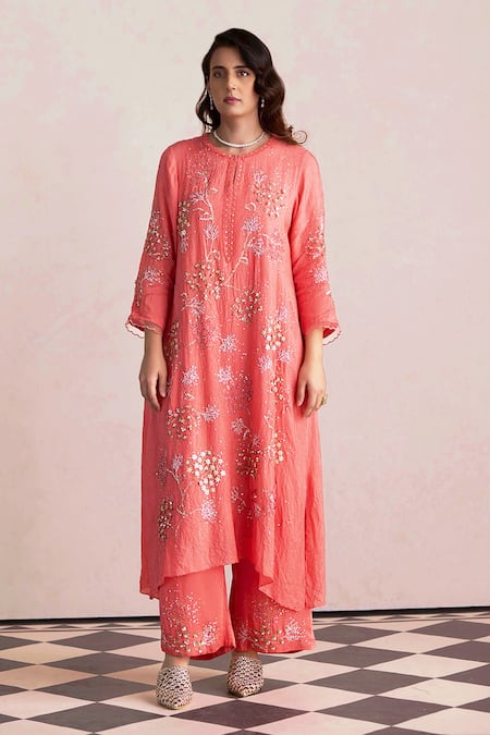 One Not Two Coral Kurta Silk Embroidered Round And Pant Set 