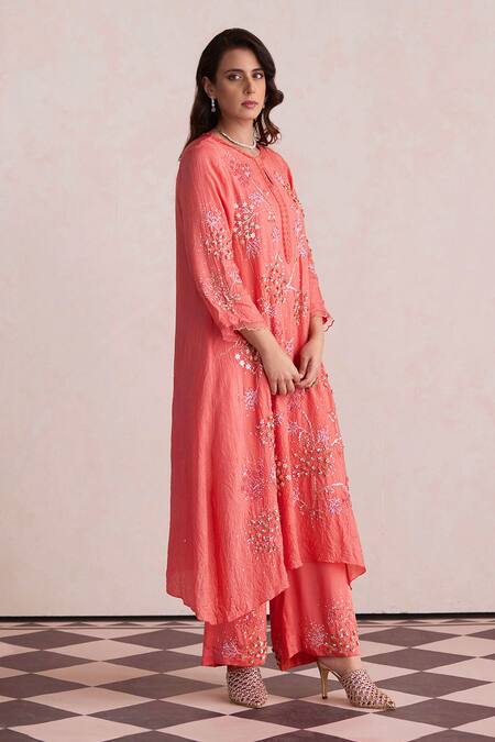 One Not Two_Coral Silk, Satin, Cotton Sequins, Beads Round Embroidered Kurta And Pant Set _Online_at_Aza_Fashions