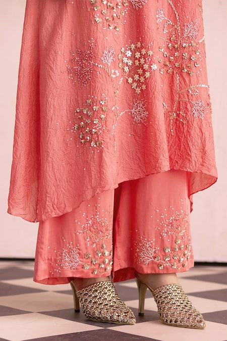 Buy_One Not Two_Coral Silk, Satin, Cotton Sequins, Beads Round Embroidered Kurta And Pant Set _Online_at_Aza_Fashions