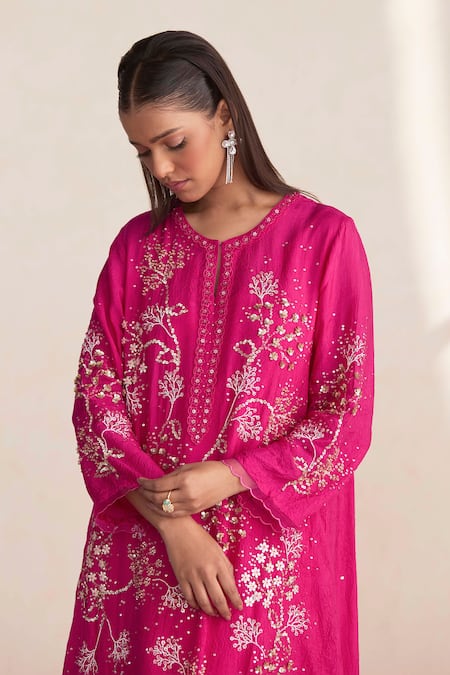 One Not Two_Pink Silk, Satin, Cotton Embroidery, Sequins, Beads Floral Kurta And Pant Set _Online_at_Aza_Fashions