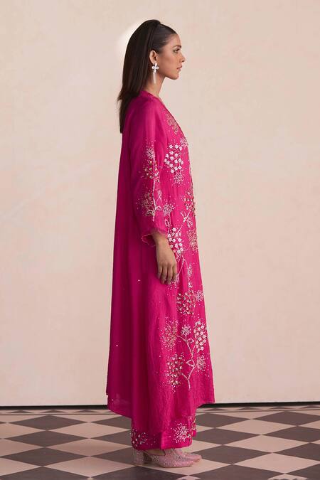Buy_One Not Two_Pink Silk, Satin, Cotton Embroidery, Sequins, Beads Floral Kurta And Pant Set _Online_at_Aza_Fashions