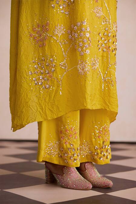 Shop One Not Two Yellow Silk, Satin, Cotton Sequins, Beads Round Embroidered Kurta And Pant Set Online at Aza Fashions Shop_One Not Two_Yellow Silk, Satin, Cotton Sequins, Beads Round Embroidered Kurta And Pant Set _Online_at_Aza_Fashions