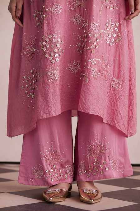 One Not Two_Pink Silk, Satin, Cotton Beads, Sequins, Embroidery Round Neck Kurta And Pant Set _Online_at_Aza_Fashions
