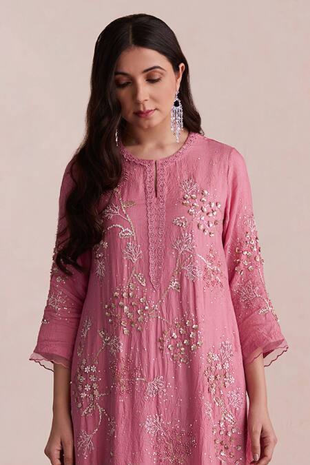 Buy_One Not Two_Pink Silk, Satin, Cotton Beads, Sequins, Embroidery Round Neck Kurta And Pant Set _Online_at_Aza_Fashions
