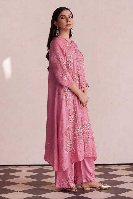 Shop_One Not Two_Pink Silk, Satin, Cotton Beads, Sequins, Embroidery Round Neck Kurta And Pant Set _Online_at_Aza_Fashions