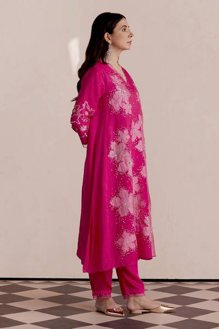 Buy_One Not Two_Pink Silk, Satin, Cotton Beads, Applique V-neck Embroidered Kurta And Pant Set _Online_at_Aza_Fashions