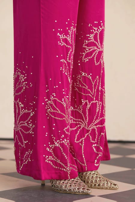 One Not Two_Pink Silk, Cotton, Satin Embroidery, Sequins Round Kurta And Bell Bottom Pant Set _Online_at_Aza_Fashions