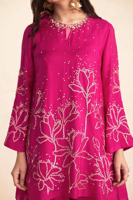 Buy_One Not Two_Pink Silk, Cotton, Satin Embroidery, Sequins Round Kurta And Bell Bottom Pant Set _Online_at_Aza_Fashions