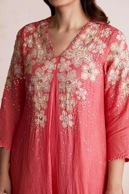 One Not Two_Coral Silk, Satin, Cotton Beads, Applique, Embroidery Round Kurta And Pant Set _Online_at_Aza_Fashions