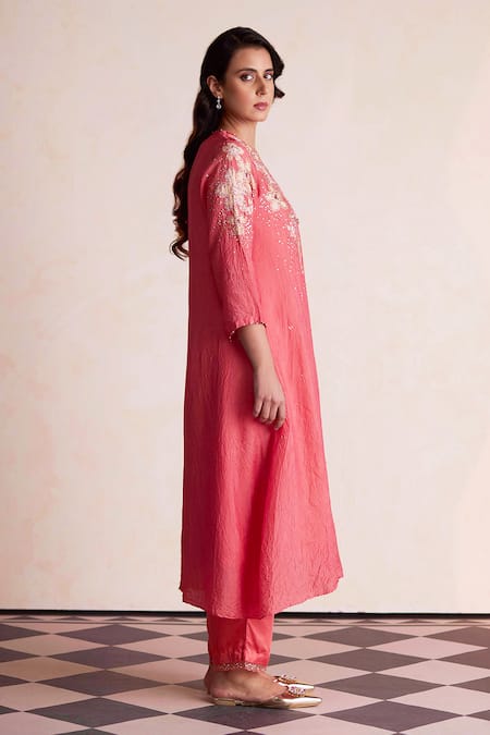 Buy_One Not Two_Coral Silk, Satin, Cotton Beads, Applique, Embroidery Round Kurta And Pant Set _Online_at_Aza_Fashions