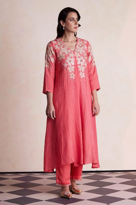 Shop_One Not Two_Coral Silk, Satin, Cotton Beads, Applique, Embroidery Round Kurta And Pant Set _Online_at_Aza_Fashions