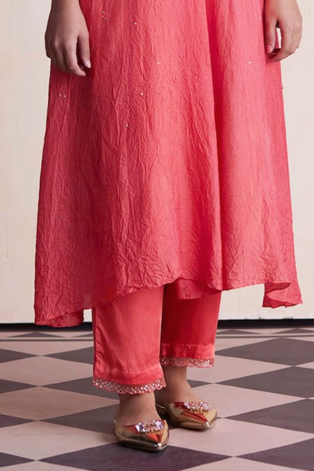 One Not Two_Coral Silk, Satin, Cotton Beads, Applique, Embroidery Round Kurta And Pant Set _at_Aza_Fashions
