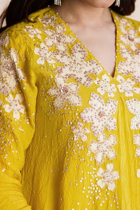 Buy_One Not Two_Yellow Silk, Satin, Cotton Embroidery Round Floral Applique Kurta And Pant Set _Online_at_Aza_Fashions