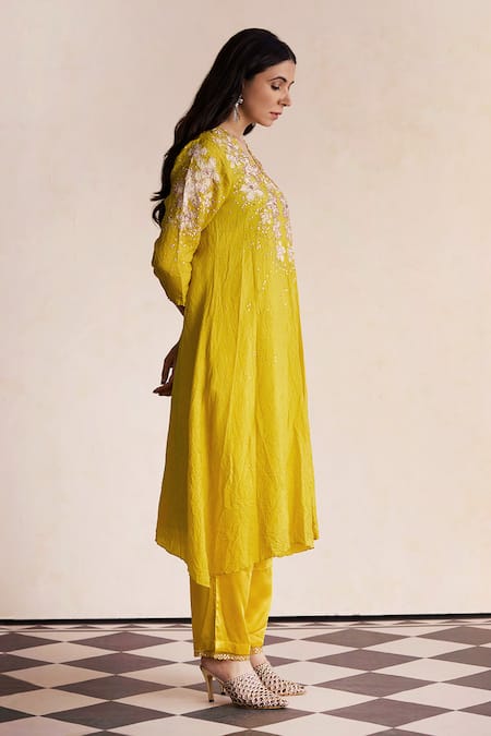 Shop_One Not Two_Yellow Silk, Satin, Cotton Embroidery Round Floral Applique Kurta And Pant Set _Online_at_Aza_Fashions