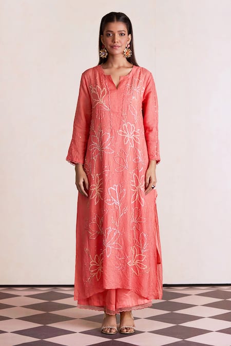 One Not Two Coral Kurta Silk Embroidered Notched Long And Pant Set 