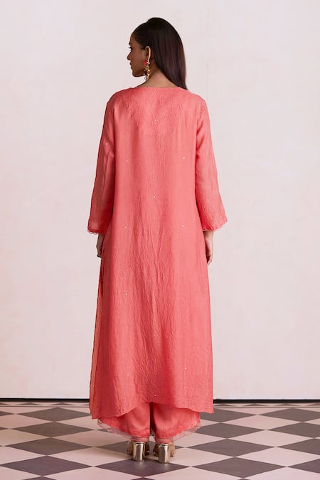 Shop One Not Two Coral Silk, Satin, Cotton Embroidery, Sequins Split V-neck Long Kurta And Pant Set at Aza Fashions Shop_One Not Two_Coral Silk, Satin, Cotton Embroidery, Sequins Split V-neck Long Kurta And Pant Set _at_Aza_Fashions