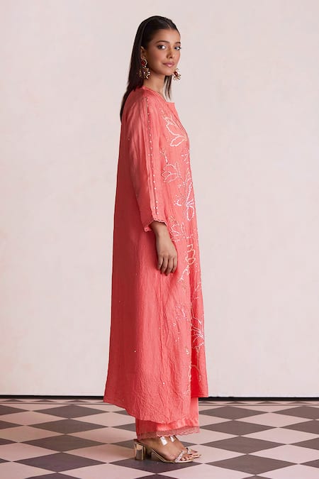 One Not Two Coral Silk, Satin, Cotton Embroidery, Sequins Split V-neck Long Kurta And Pant Set Online at Aza Fashions One Not Two_Coral Silk, Satin, Cotton Embroidery, Sequins Split V-neck Long Kurta And Pant Set _Online_at_Aza_Fashions