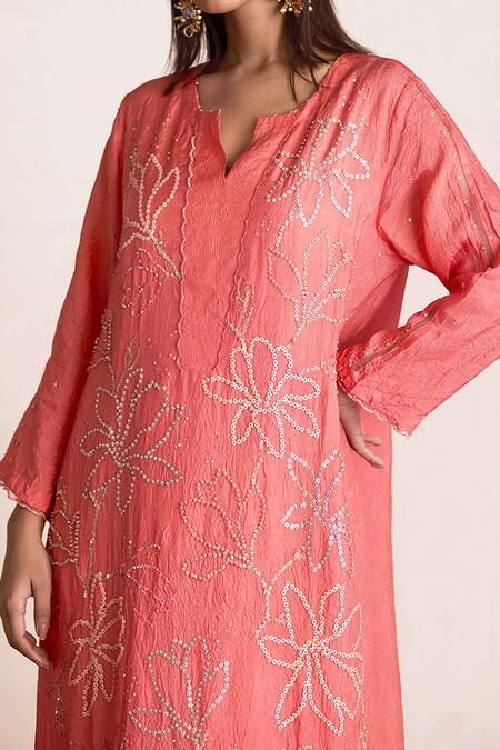 Buy One Not Two Coral Silk, Satin, Cotton Embroidery, Sequins Split V-neck Long Kurta And Pant Set Online at Aza Fashions Buy_One Not Two_Coral Silk, Satin, Cotton Embroidery, Sequins Split V-neck Long Kurta And Pant Set _Online_at_Aza_Fashions