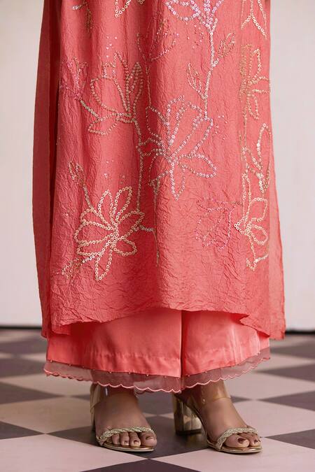 Shop One Not Two Coral Silk, Satin, Cotton Embroidery, Sequins Split V-neck Long Kurta And Pant Set Online at Aza Fashions Shop_One Not Two_Coral Silk, Satin, Cotton Embroidery, Sequins Split V-neck Long Kurta And Pant Set _Online_at_Aza_Fashions