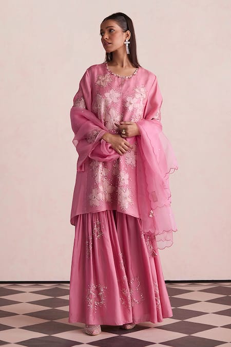 One Not Two Pink Organza Embroidered Sequins Dupatta 