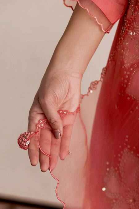 One Not Two_Coral Organza Sequins, Embroidery Dupatta _Online_at_Aza_Fashions