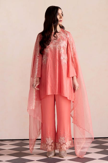 One Not Two Coral Organza Embroidered Sequins And Beads Dupatta 