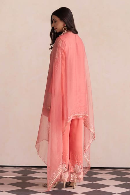 Shop One Not Two Coral Organza Embroidered Sequins And Beads Dupatta at Aza Fashions Shop_One Not Two_Coral Organza Embroidered Sequins And Beads Dupatta _at_Aza_Fashions