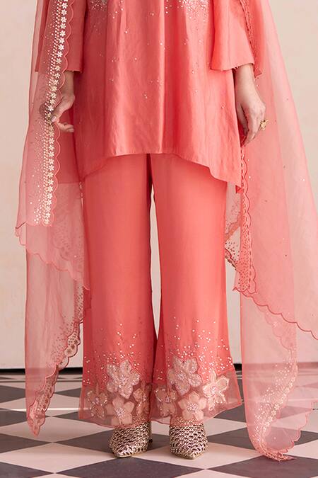 One Not Two Coral Organza Embroidered Sequins And Beads Dupatta Online at Aza Fashions One Not Two_Coral Organza Embroidered Sequins And Beads Dupatta _Online_at_Aza_Fashions