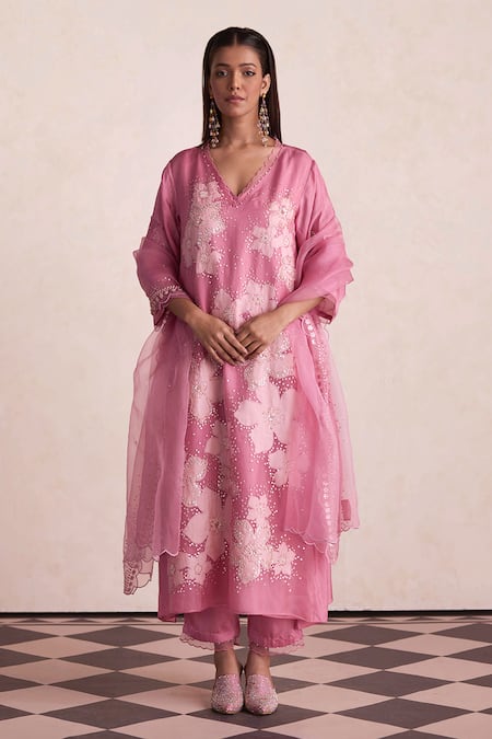 One Not Two Pink Organza Embroidered Sequins And Beads Dupatta 