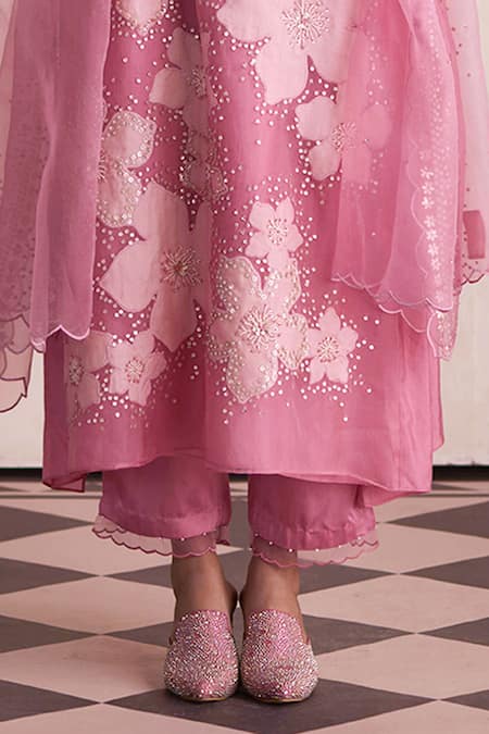 One Not Two_Pink Organza Sequins, Beads And Embroidered Dupatta _Online_at_Aza_Fashions